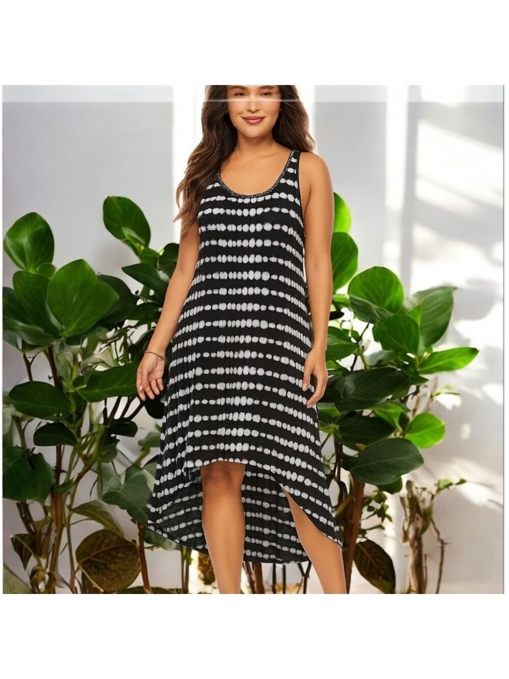 Women’s Black & White Tie-Dye High-Low Maxi Dress with Beaded Neckline